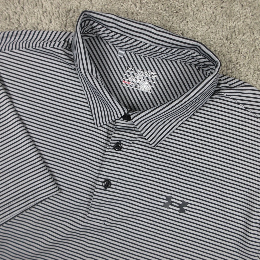 Under Armour Polo Shirt Mens 2XL Gray Striped HeatGear Golf Performance Wicking